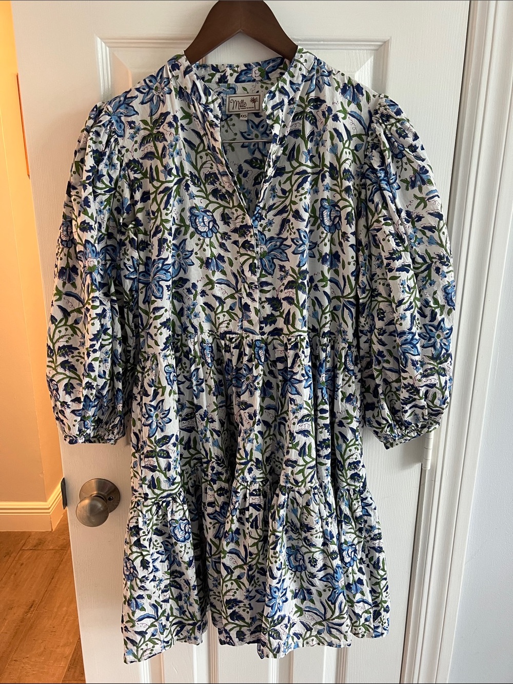 Misa Los Angeles White and Blue Floral Puff-Sleeve Mini Dress